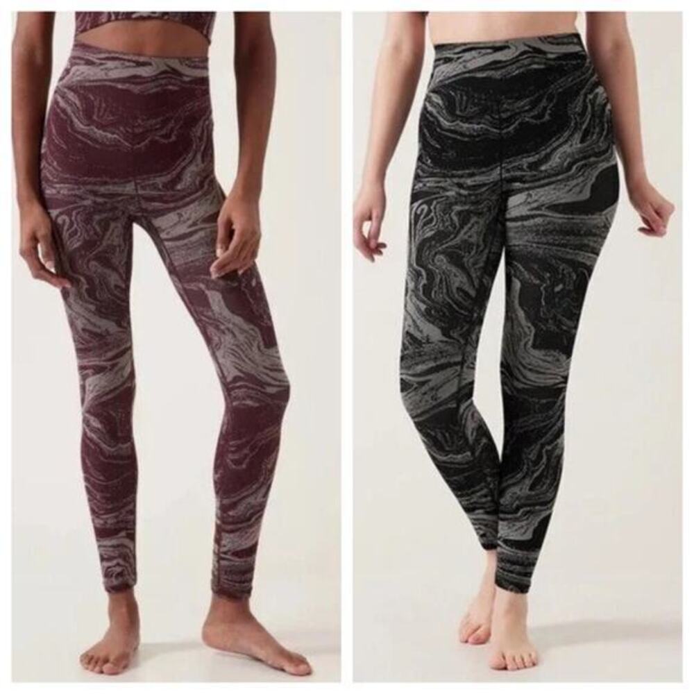 Athleta BUNDLE lot Aurora Shine tight Black & Cabernet Marble Seamless sz small